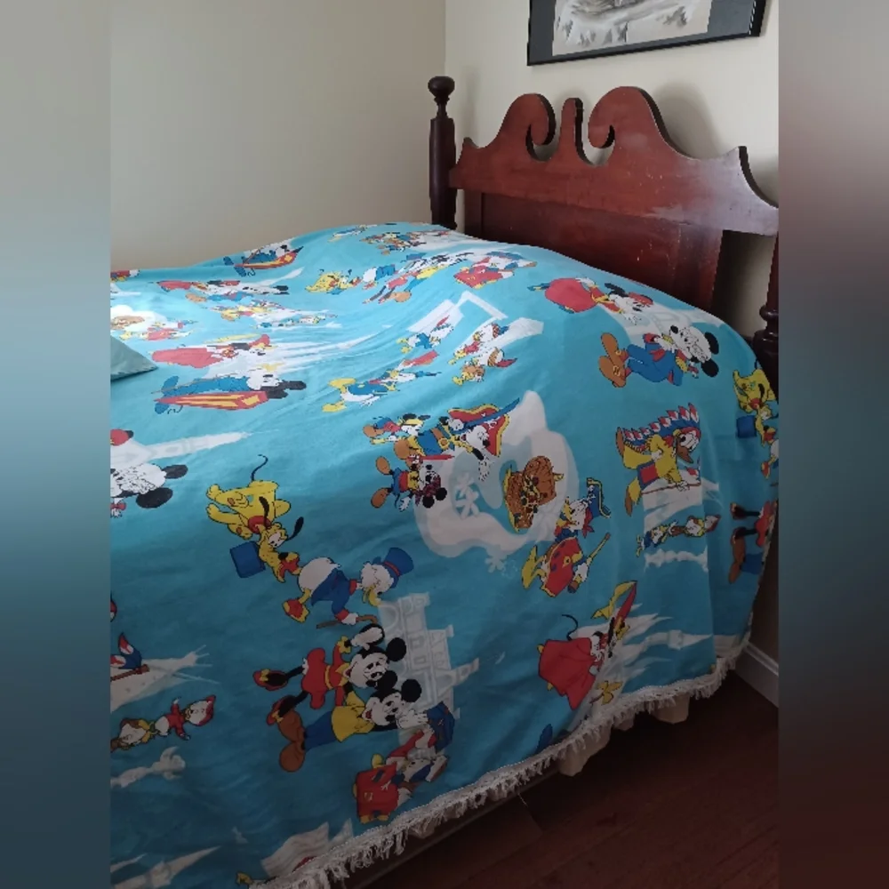 Vintage 70s Walt Disney Frontierland Donald duck Mickey pillowcase & bedspread
